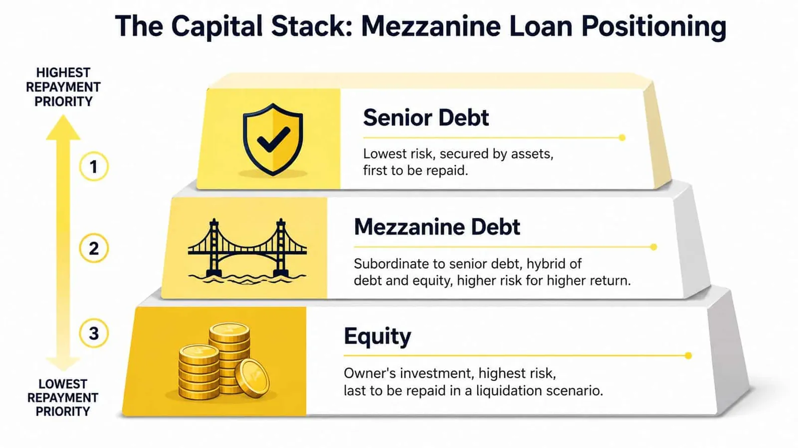A diagram illustrating the capital stack structure, showing the repayment priority of senior debt, mezzanine debt, and equity.