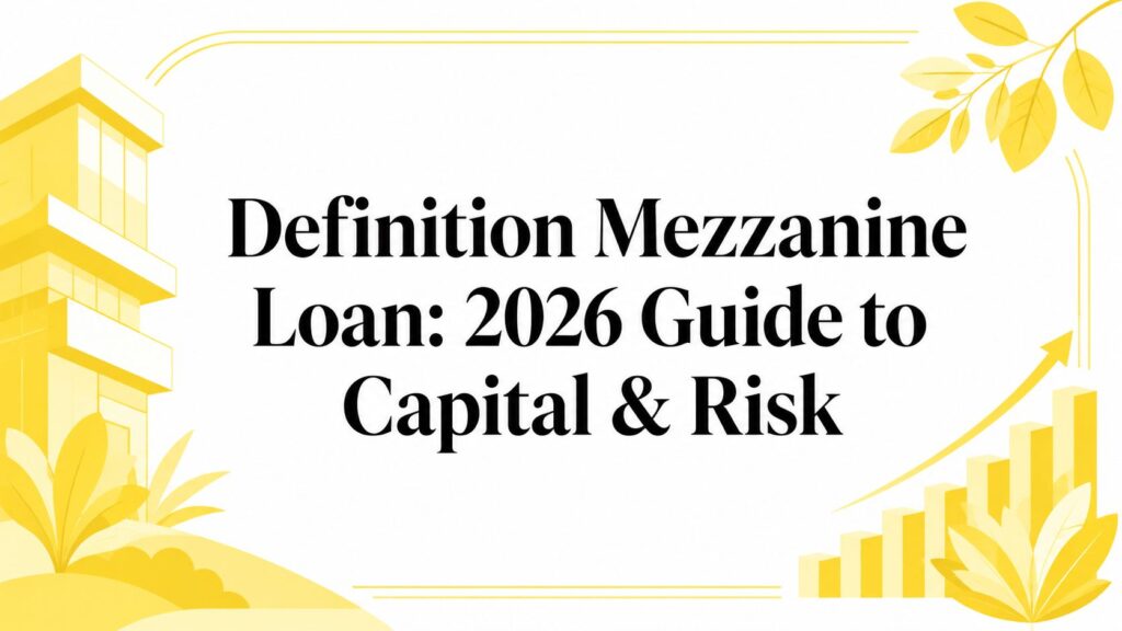 Bright yellow architectural illustration framing a bold title: 'Definition Mezzanine Loan: 2026 Guide to Capital & Risk' (hero banner)
