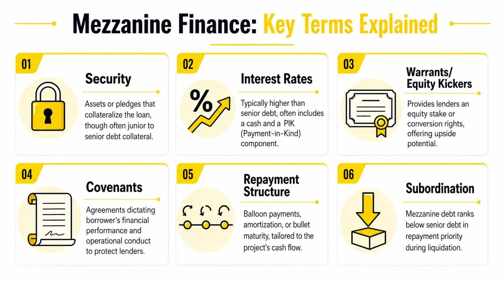 An infographic titled Mezzanine Finance Key Terms Explained, detailing six core financial components with icons and descriptions.