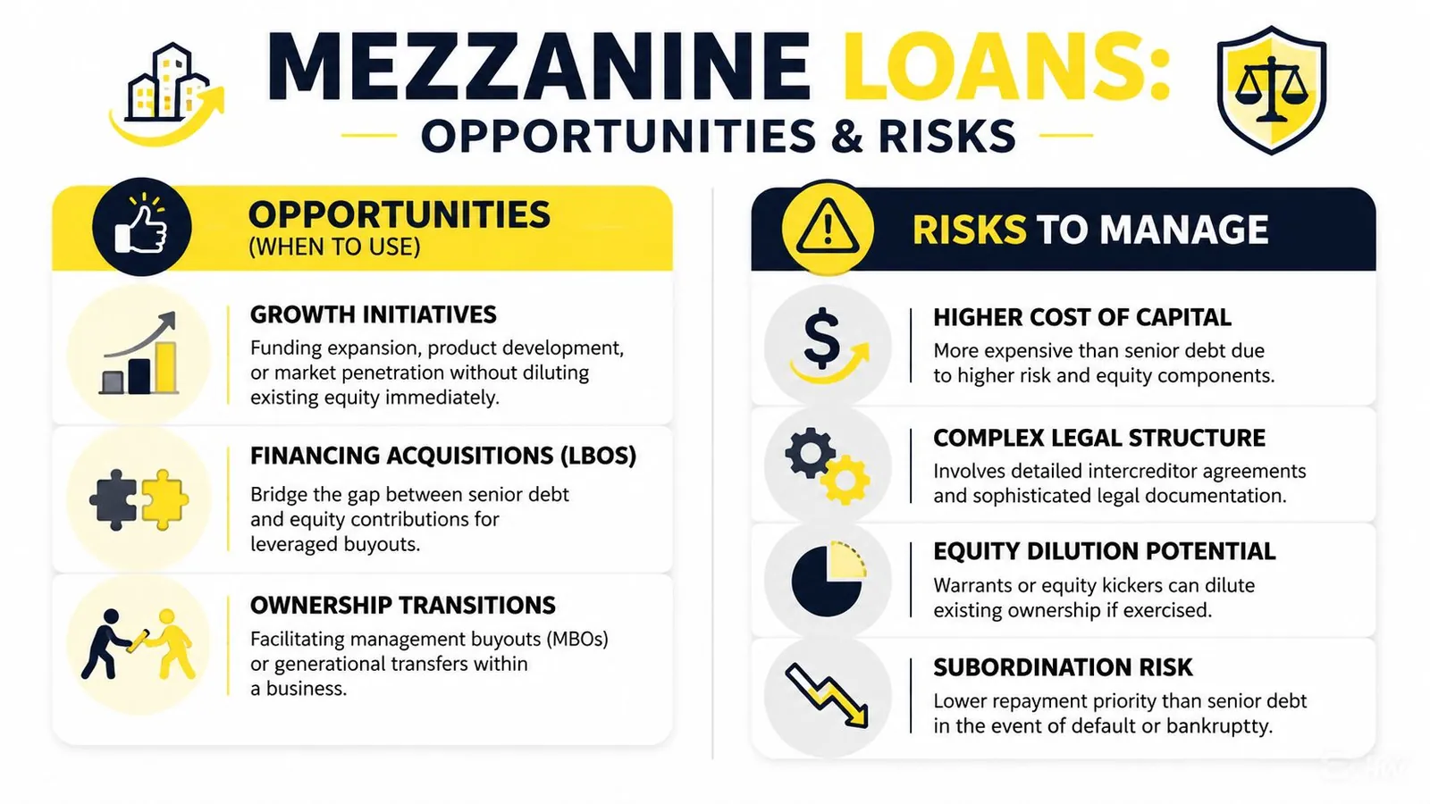 An infographic titled Mezzanine Loans explaining the key opportunities and risks associated with this type of business financing.