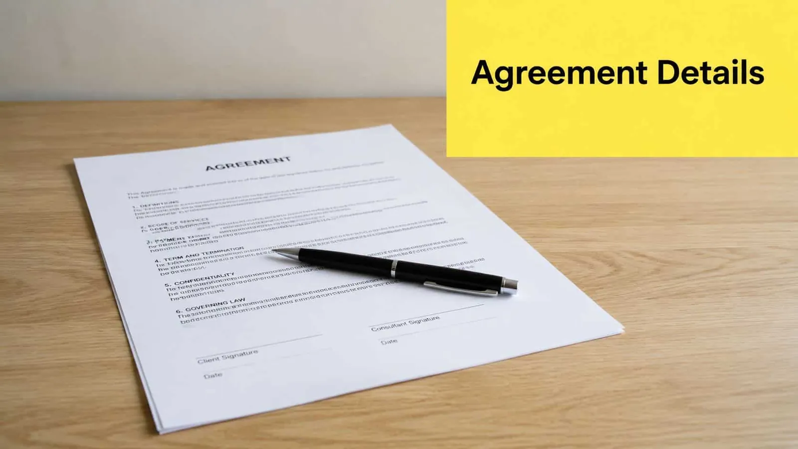 A document titled Agreement on a wooden desk with a black pen resting on top of it.