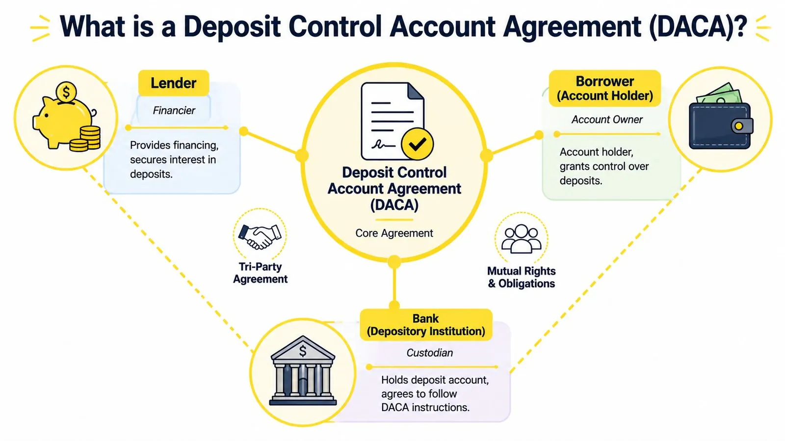 A diagram explaining the components and roles in a Deposit Control Account Agreement between a lender, borrower, and bank.