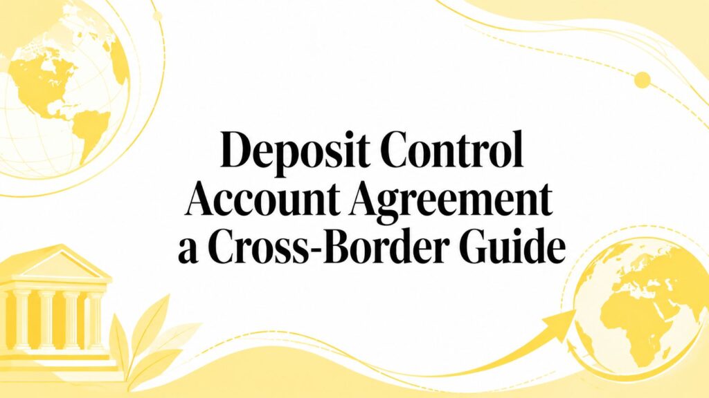Cover of a cross-border guide titled 'Deposit Control Account Agreement' with yellow globe illustrations and a classical building motif on a white background