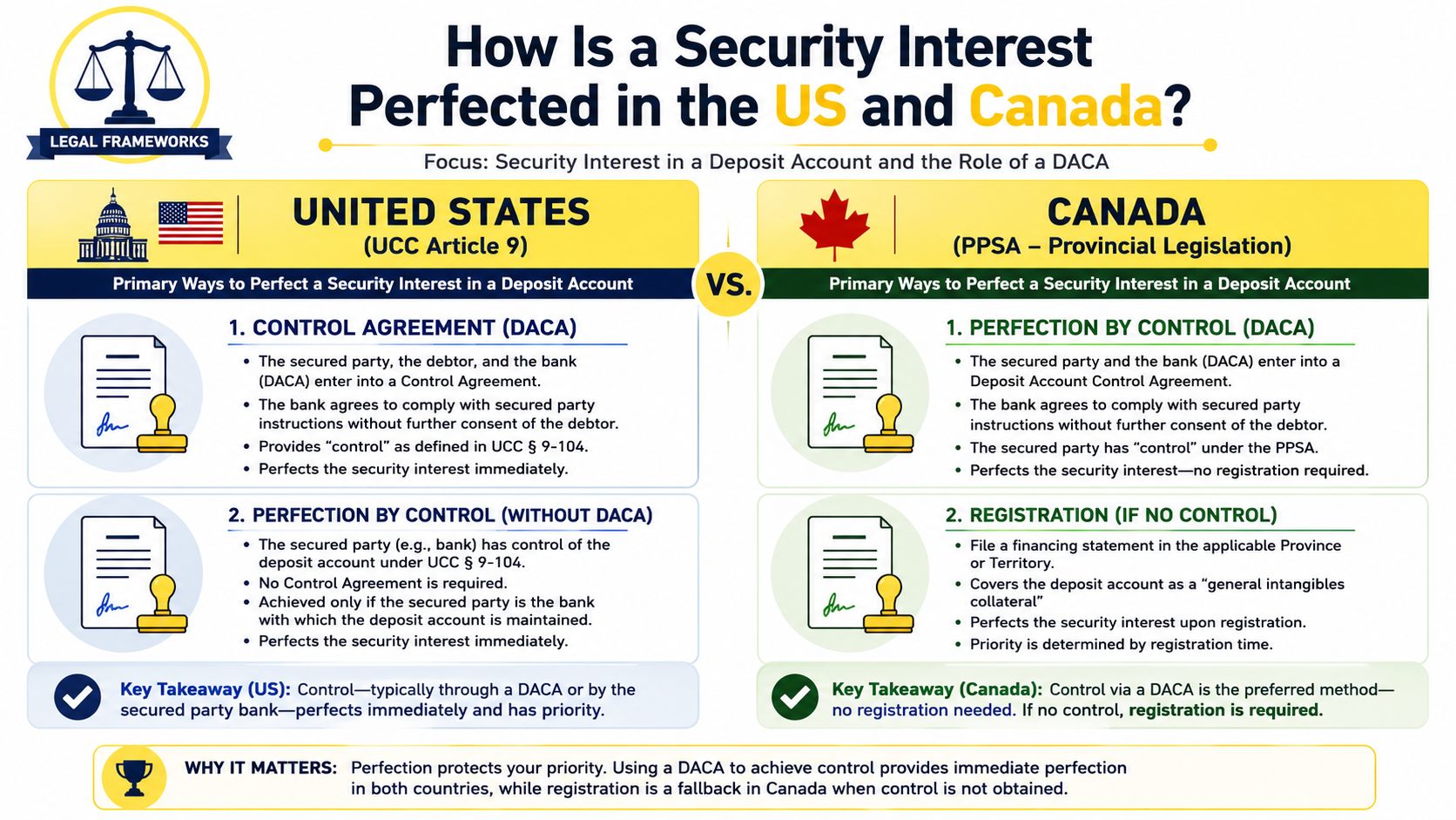 An infographic comparing the legal process for perfecting security interests in deposit accounts between the US and Canada.