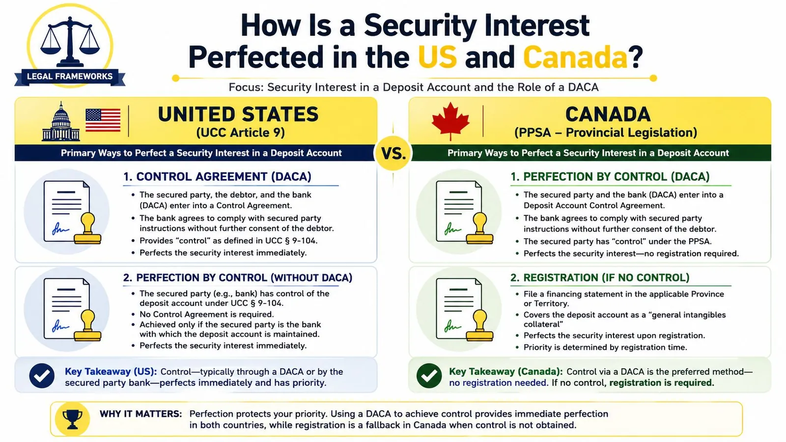 An infographic comparing the legal process for perfecting security interests in deposit accounts between the US and Canada.