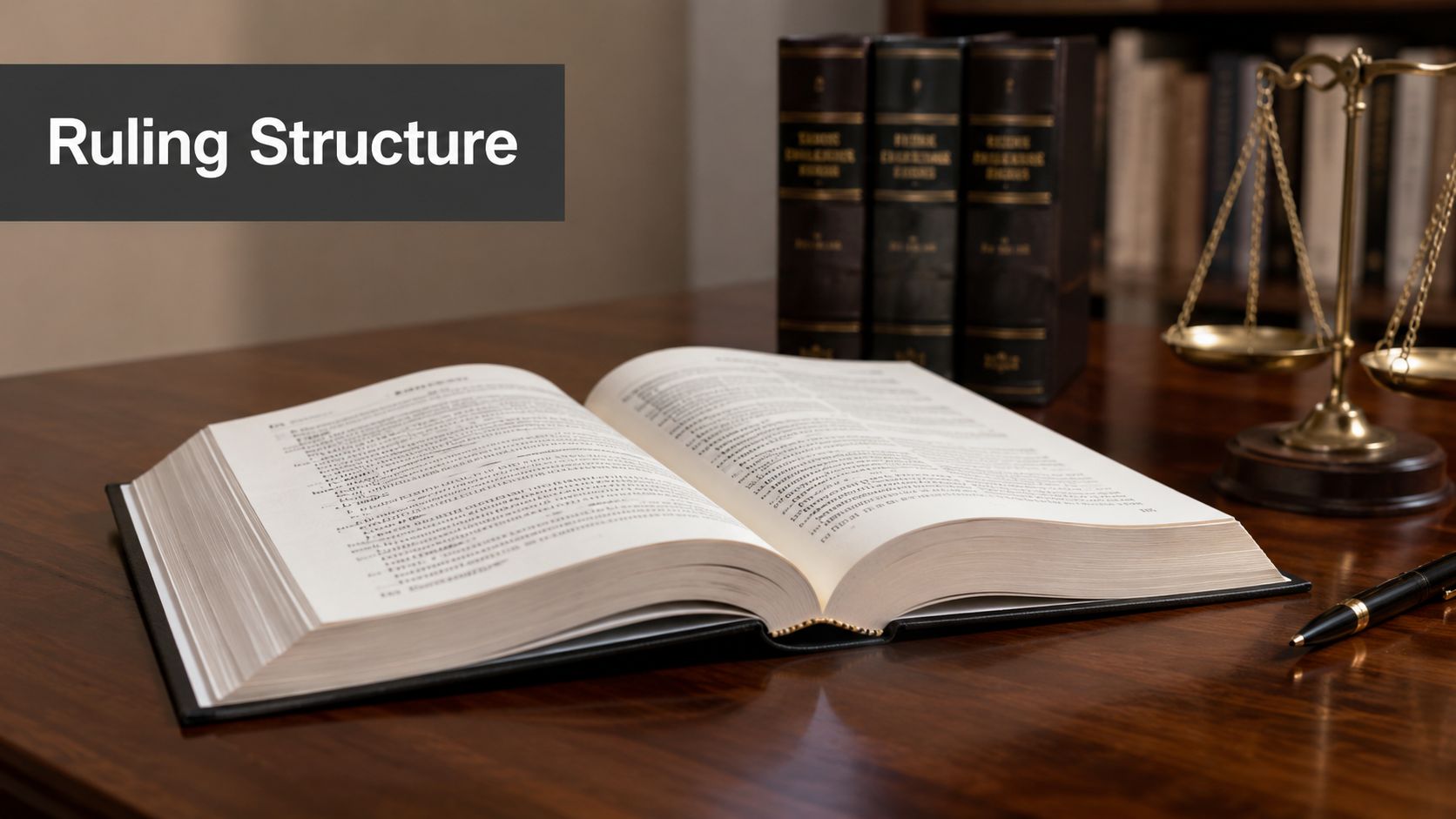 An open legal law book sits on a wooden desk with a gold scale and pen nearby.