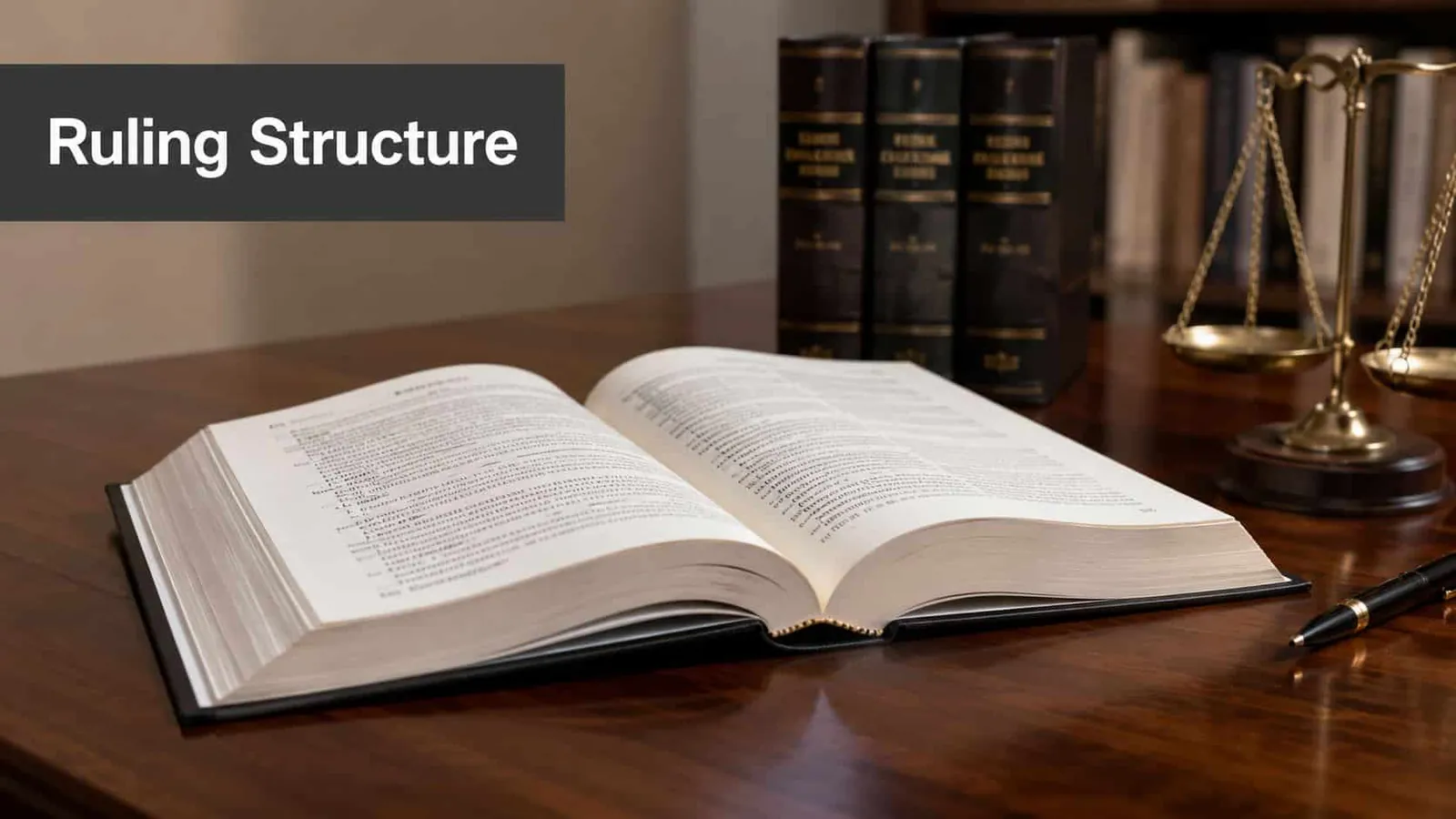 An open legal law book sits on a wooden desk with a gold scale and pen nearby.