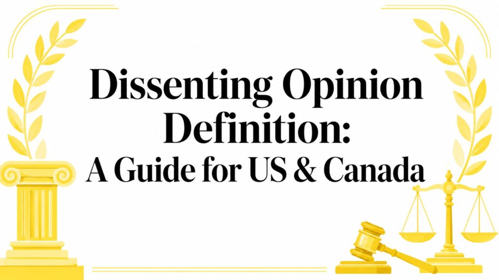 dissenting-opinion-definition-legal-guide - Mayo Law Banner with the text 'Dissenting Opinion Definition: A Guide for US & Canada' and gold judicial icons (column, scales, gavel) on a white background, framed by laureate branches.