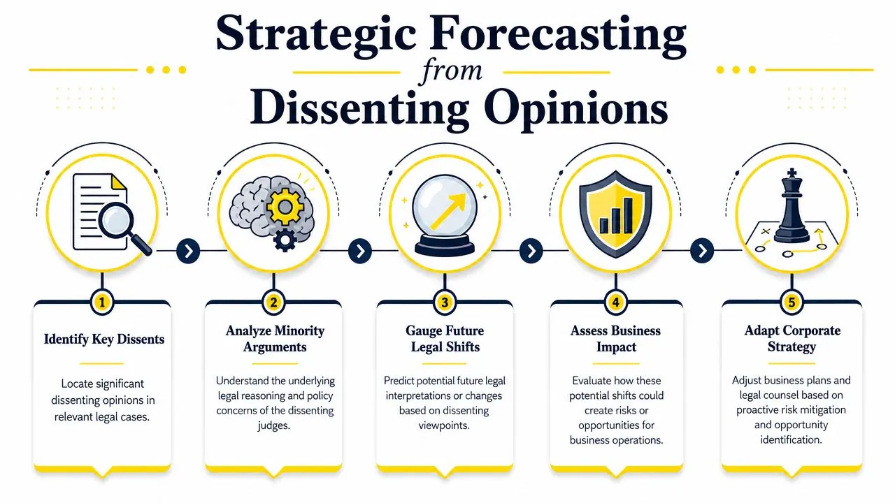 A five-step infographic illustrating a strategic forecasting process based on analyzing judicial dissenting opinions for business planning.
