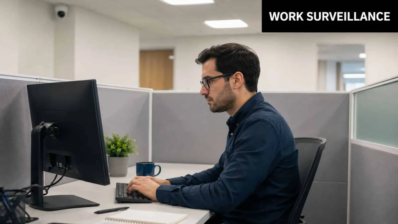 A professional man with glasses typing on his keyboard at an office cubicle under video surveillance.