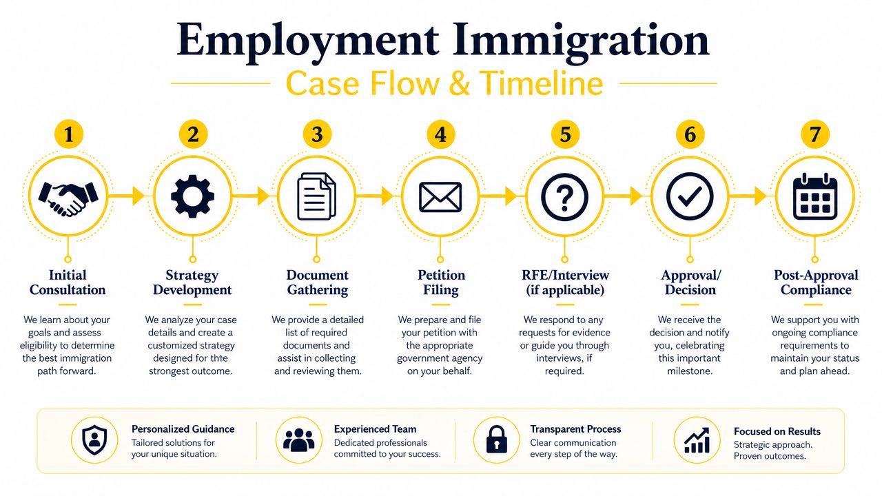 A seven-step flowchart illustrating the employment immigration legal process from initial consultation to post-approval compliance.