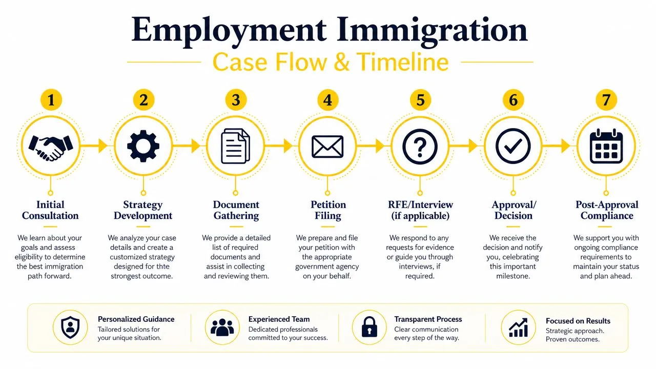 A seven-step flowchart illustrating the employment immigration legal process from initial consultation to post-approval compliance.