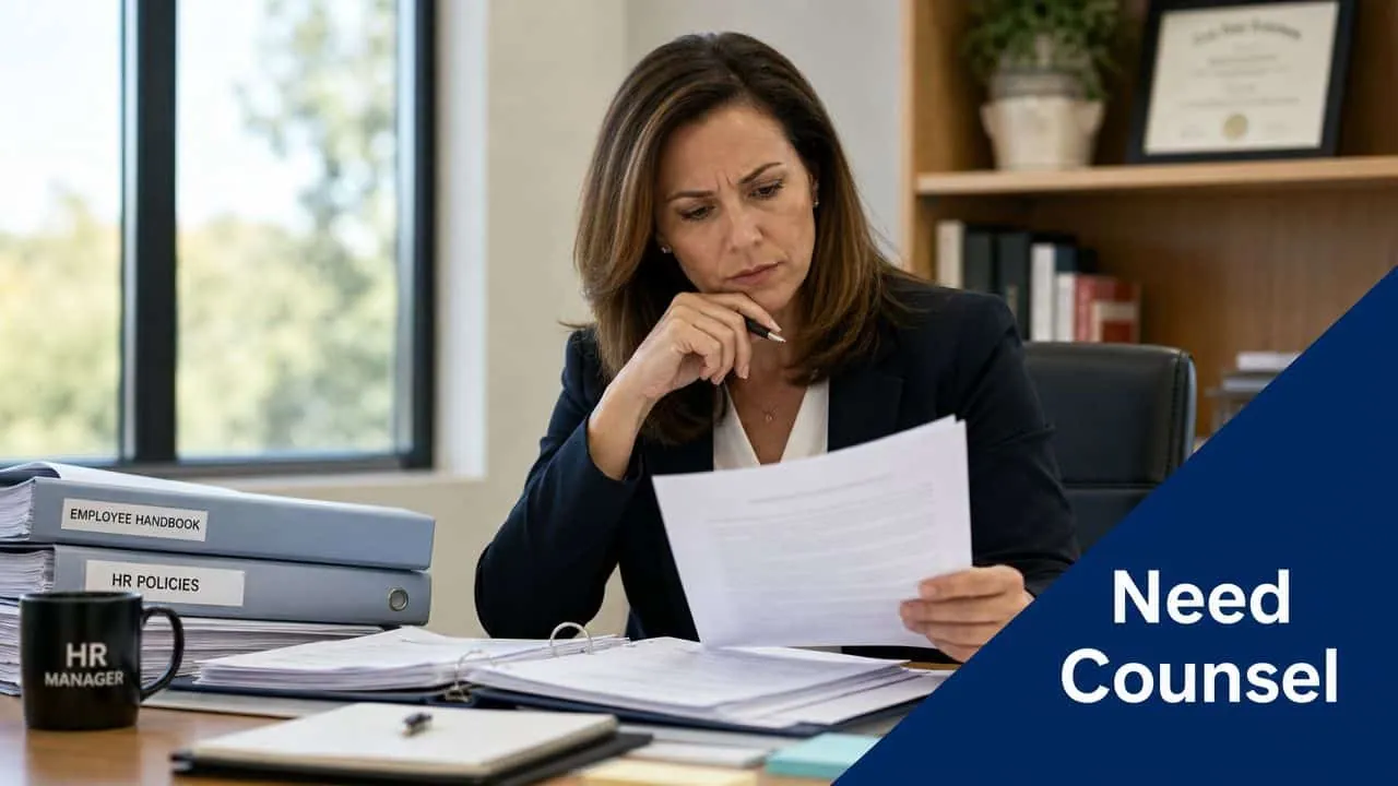 An HR manager looking serious while reviewing legal documents at her office desk in a professional setting.