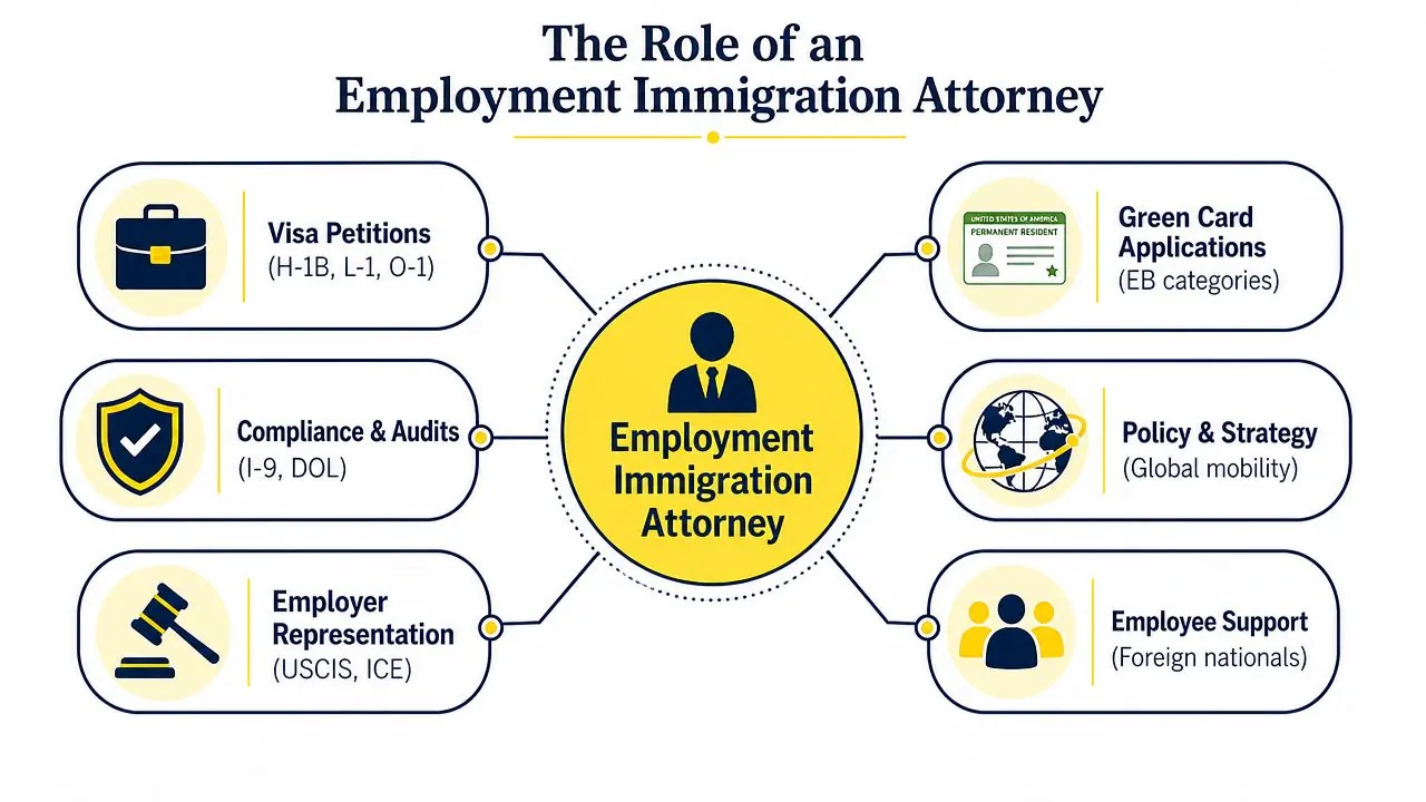 An infographic detailing the various responsibilities of an employment immigration attorney in a corporate setting.