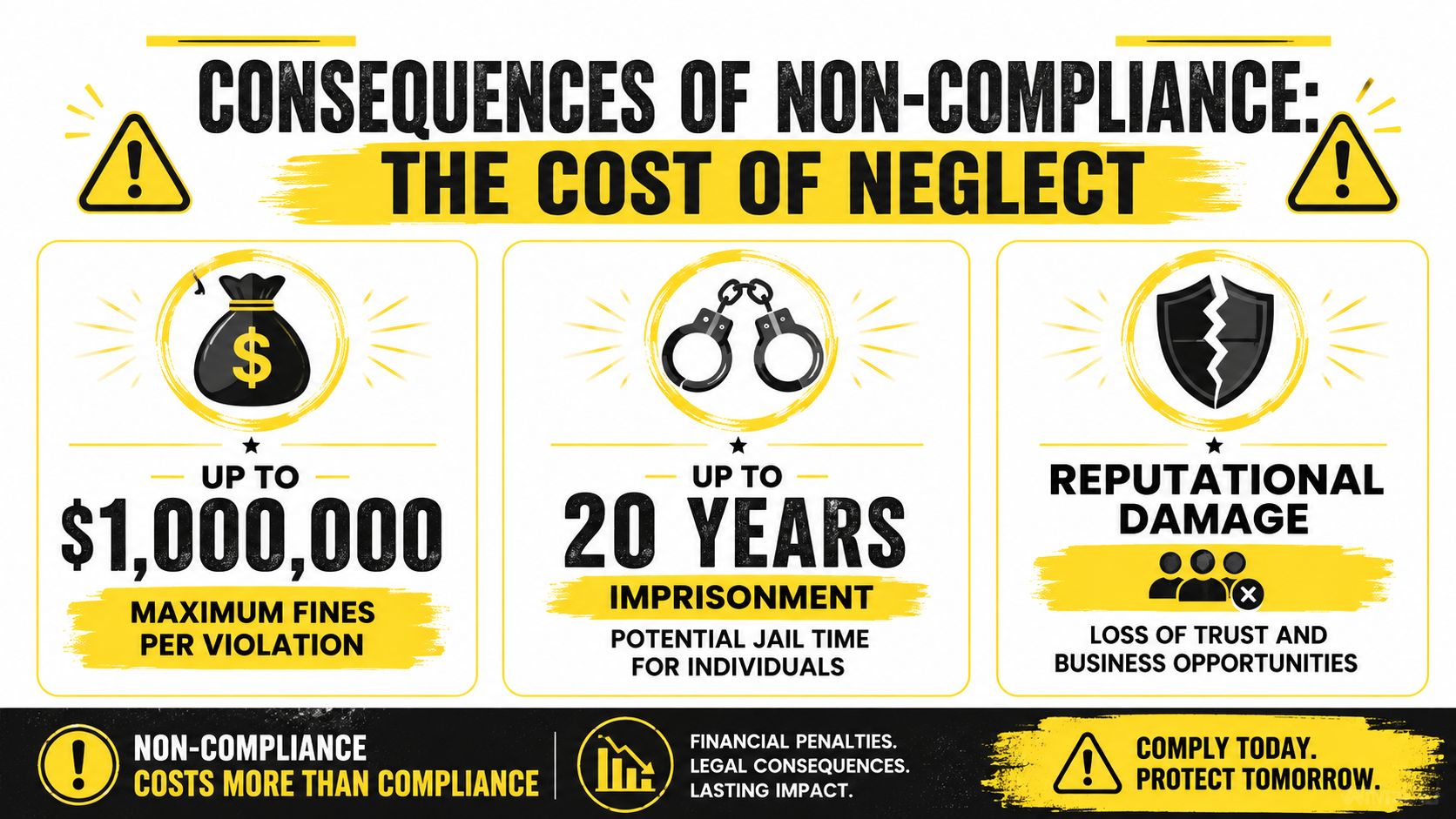 An infographic showing the severe consequences of non-compliance, including fines, imprisonment, and reputational damage.