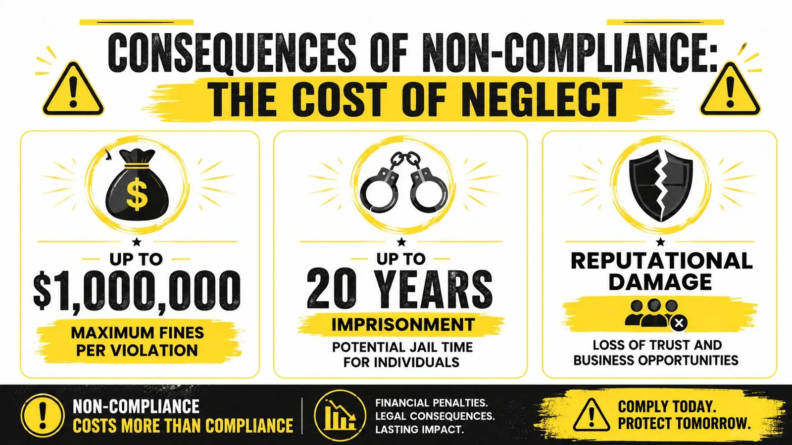 An infographic showing the severe consequences of non-compliance, including fines, imprisonment, and reputational damage.