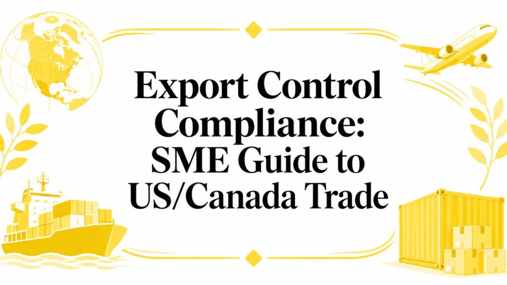 export-control-compliance-trade-guide - Mayo Law - Mayo Law Yellow-toned banner featuring a globe, airplane, cargo ship and shipping containers framing the bold title: 'Export Control Compliance: SME Guide to US/Canada Trade'.