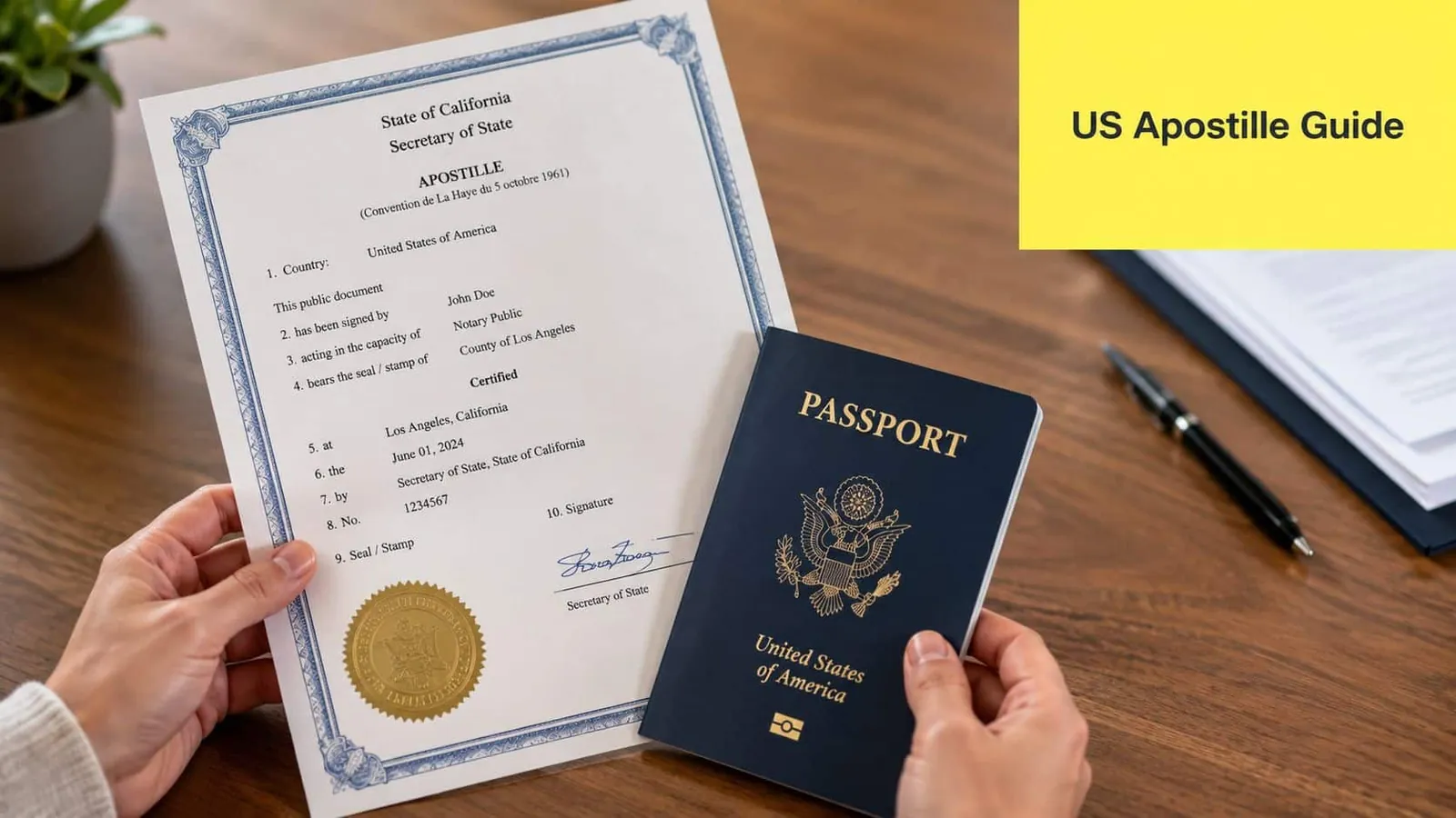 A person holding a California apostille document and a United States passport on a desk.