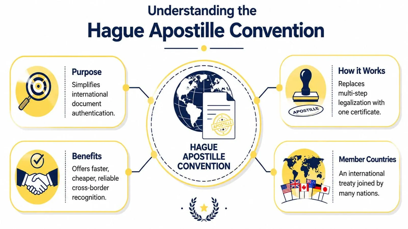 An infographic titled Understanding the Hague Apostille Convention explaining its purpose, mechanism, benefits, and member countries.