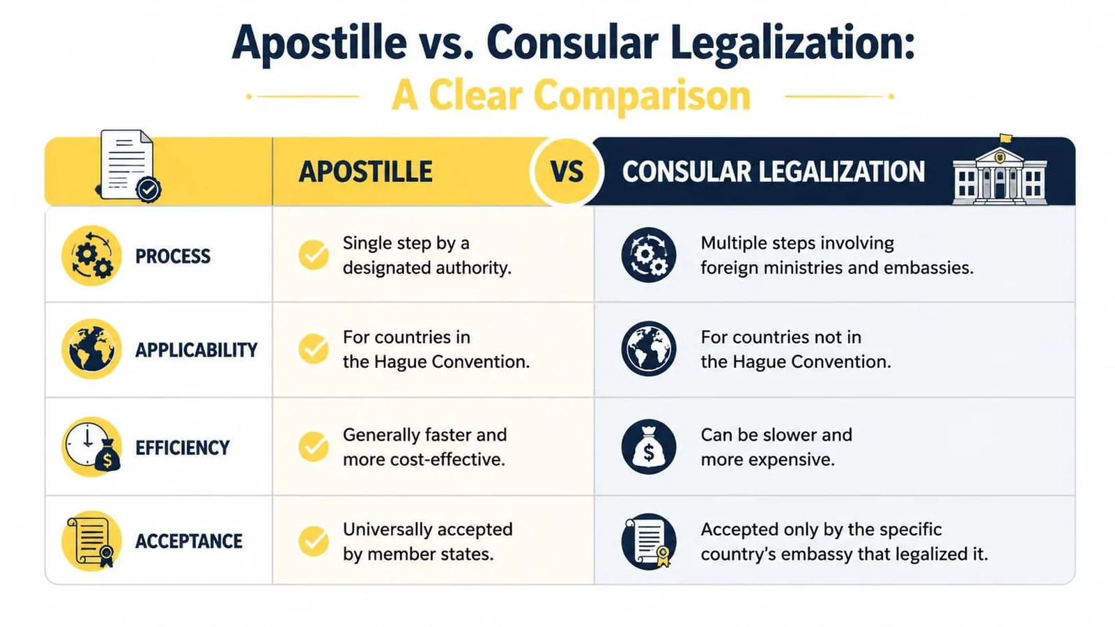 A comparison chart showing the differences between Apostille and Consular Legalization processes for international document verification.