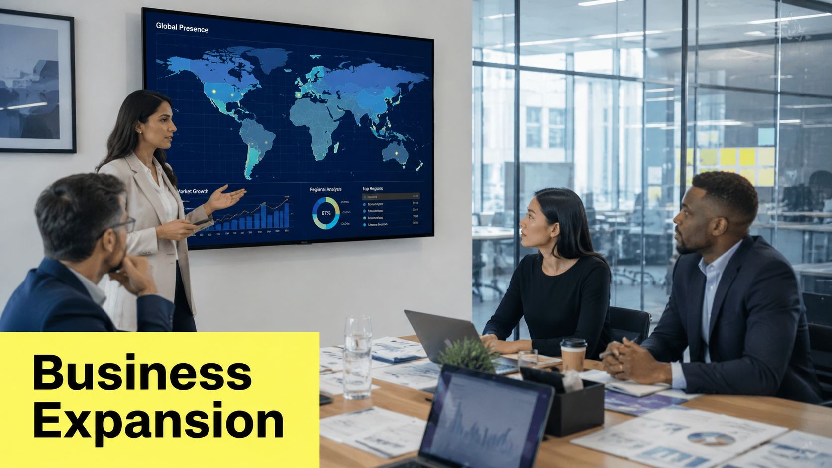 A professional business team discussing international growth strategies during a corporate meeting in a modern office.