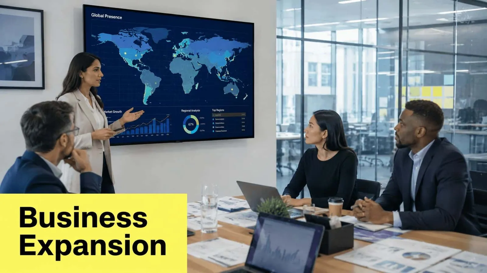 A professional business team discussing international growth strategies during a corporate meeting in a modern office.