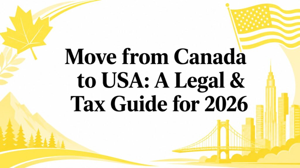 Cover banner for a legal and tax guide titled 'Move from Canada to USA: A Legal & Tax Guide for 2026' with yellow maple leaf, US flag, skyline, and bridge imagery.