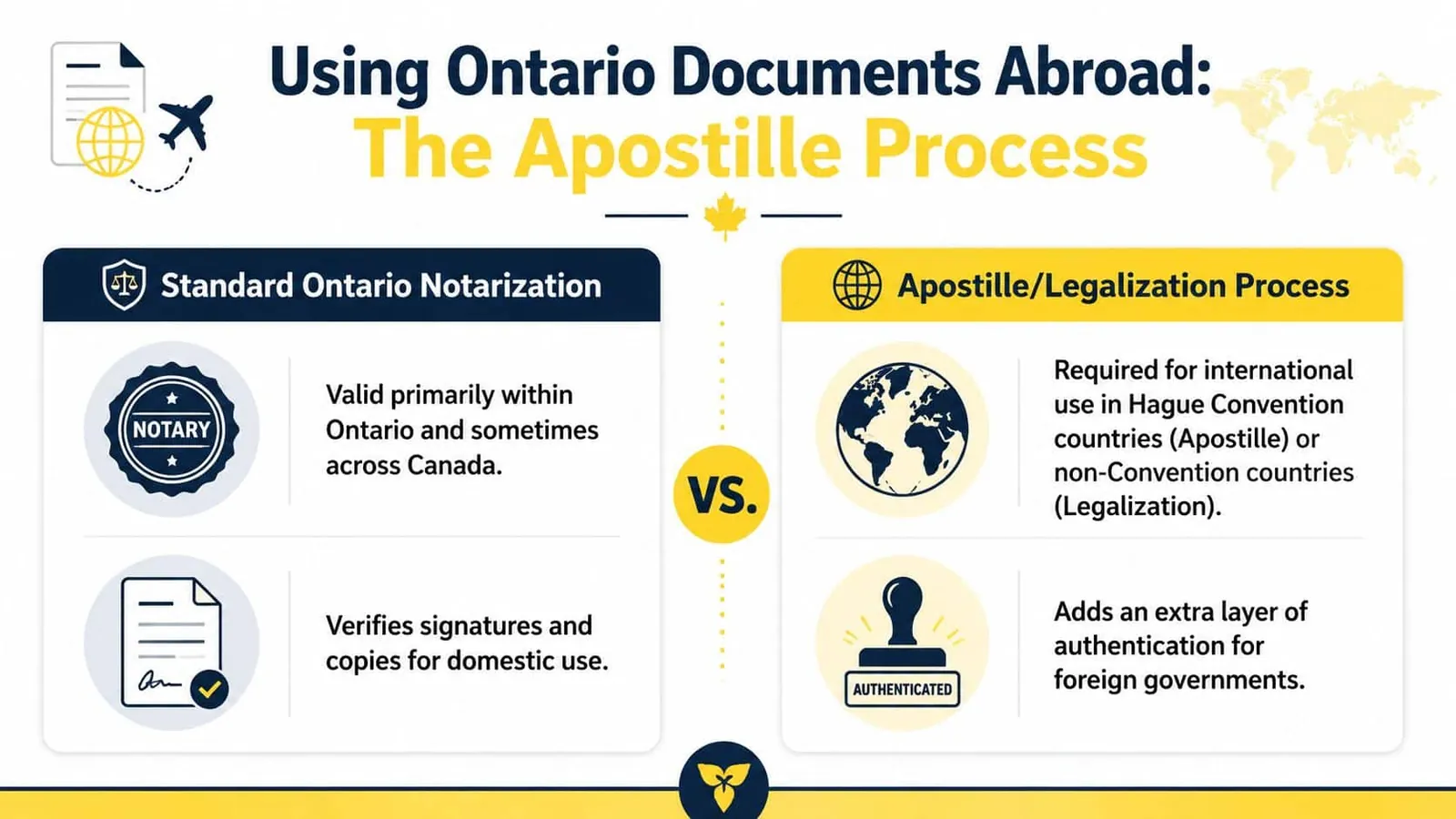An infographic comparing standard Ontario notarization with the international apostille and legalization process for official documents.