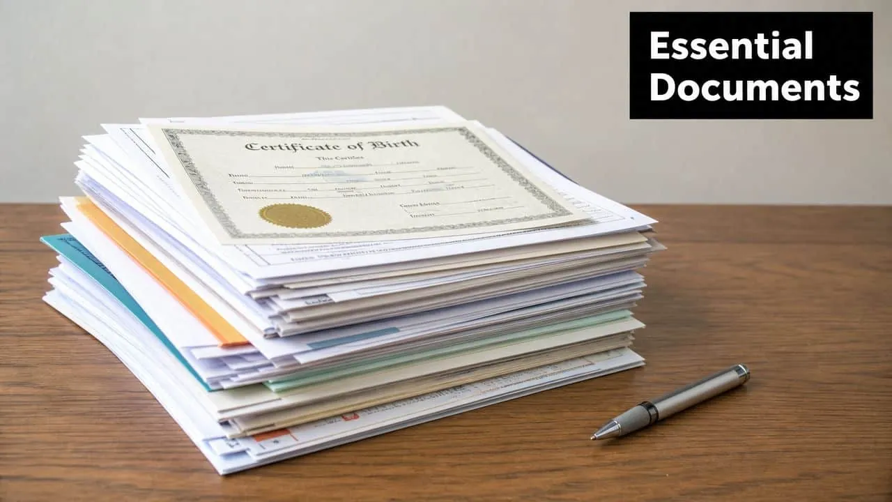 A stack of important documents including a birth certificate on a wooden desk next to a pen.