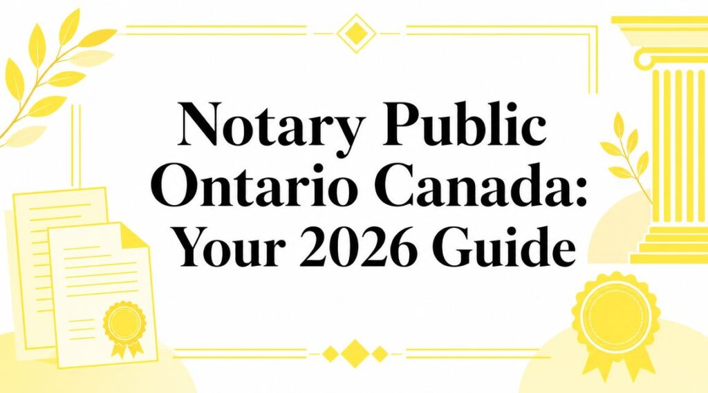 Decorative banner announcing 'Notary Public Ontario Canada: Your 2026 Guide' with yellow documents, seals, and a column motif.