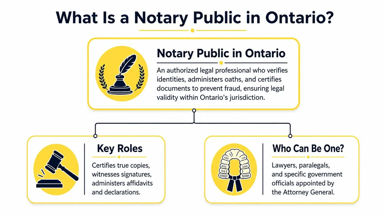 An infographic explaining the role and qualifications of a Notary Public in the province of Ontario, Canada.