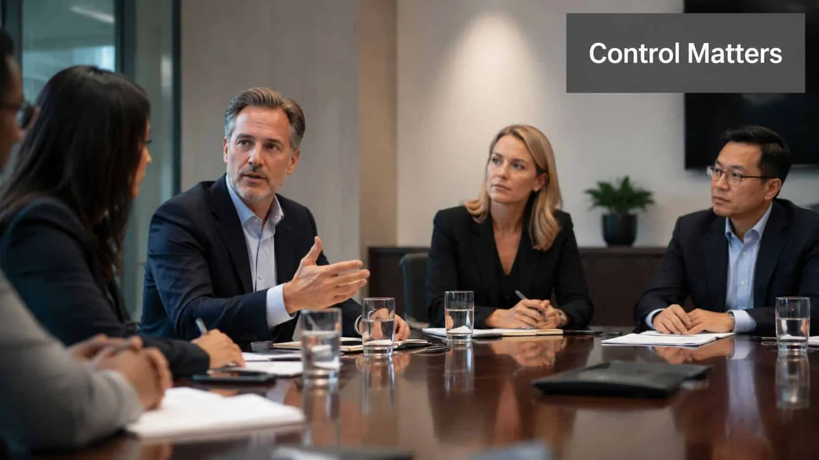 A group of professional business people in a modern office meeting around a conference room table.