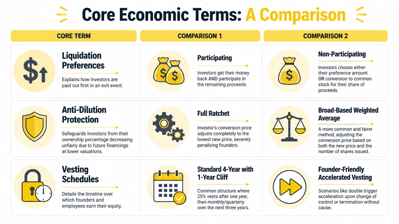 An infographic comparing core economic terms for startups, including liquidation preferences, anti-dilution protection, and vesting schedules.