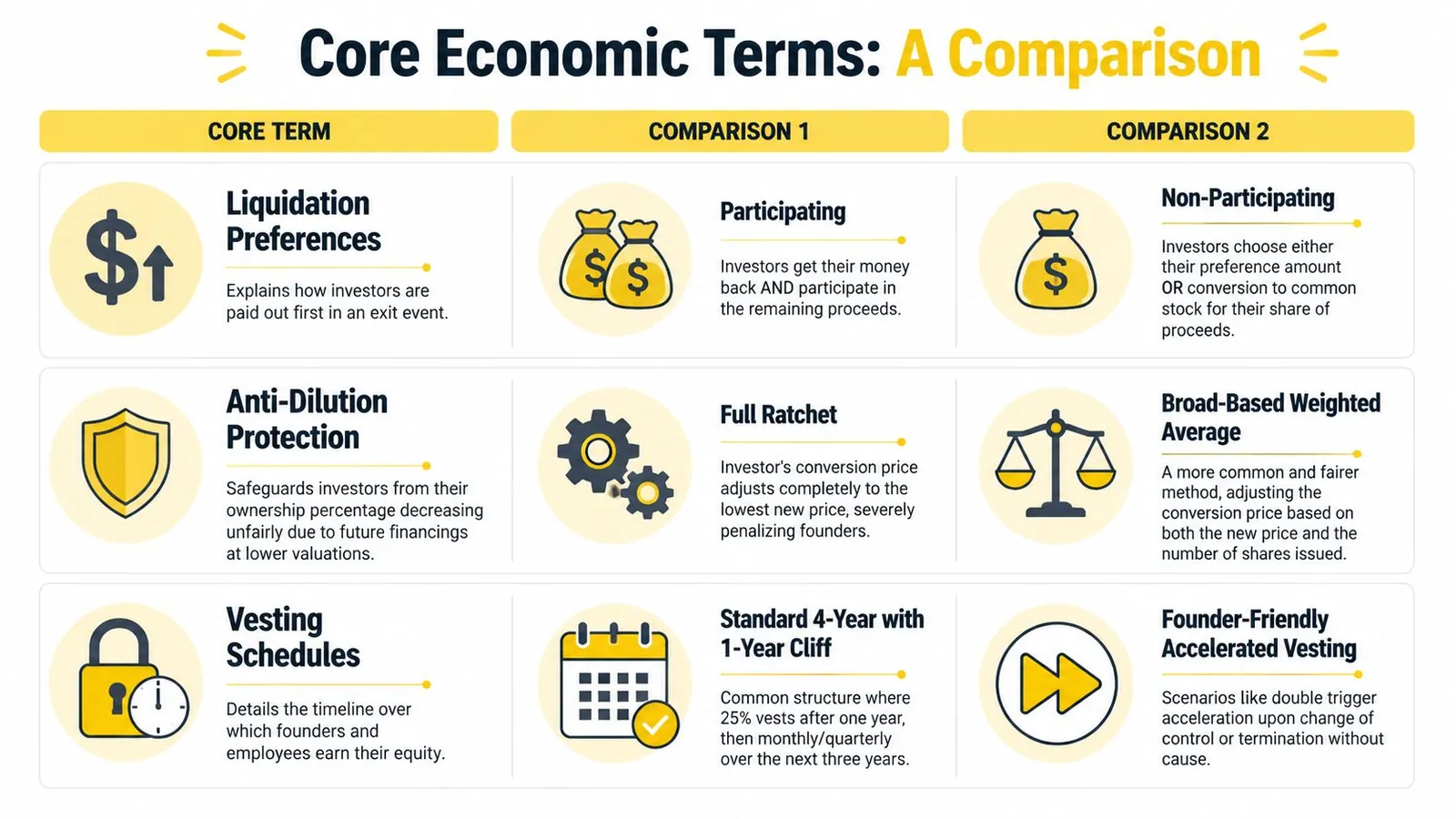 An infographic comparing core economic terms for startups, including liquidation preferences, anti-dilution protection, and vesting schedules.