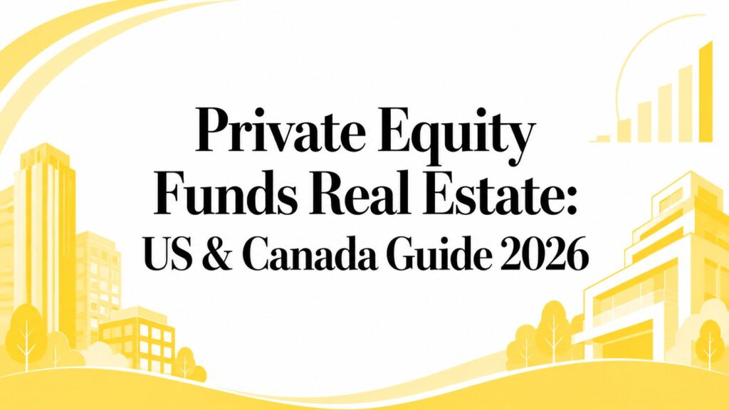 Cover image for 'Private Equity Funds Real Estate: US & Canada Guide 2026' with yellow cityscape illustration on white background.