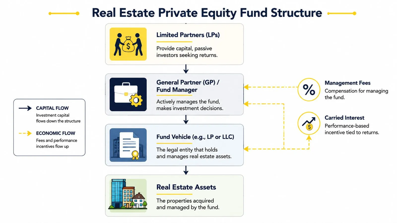 A diagram illustrating the hierarchy and flow of a typical real estate private equity fund structure.