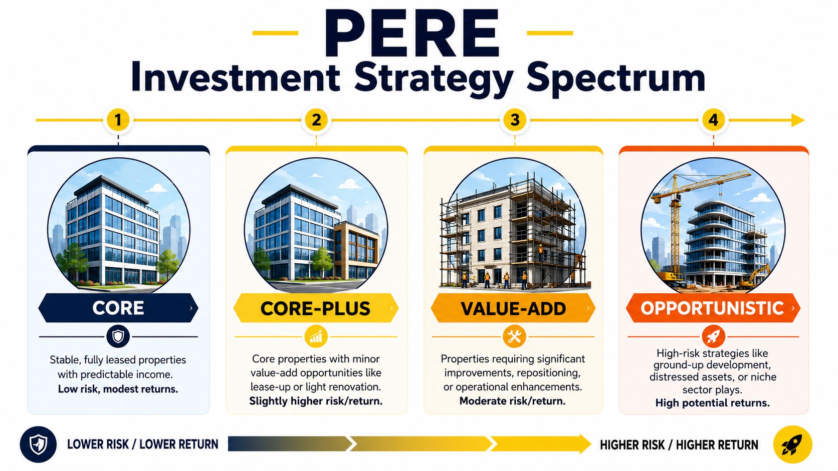 An infographic showing the four PERE real estate investment strategies ranging from core to opportunistic.