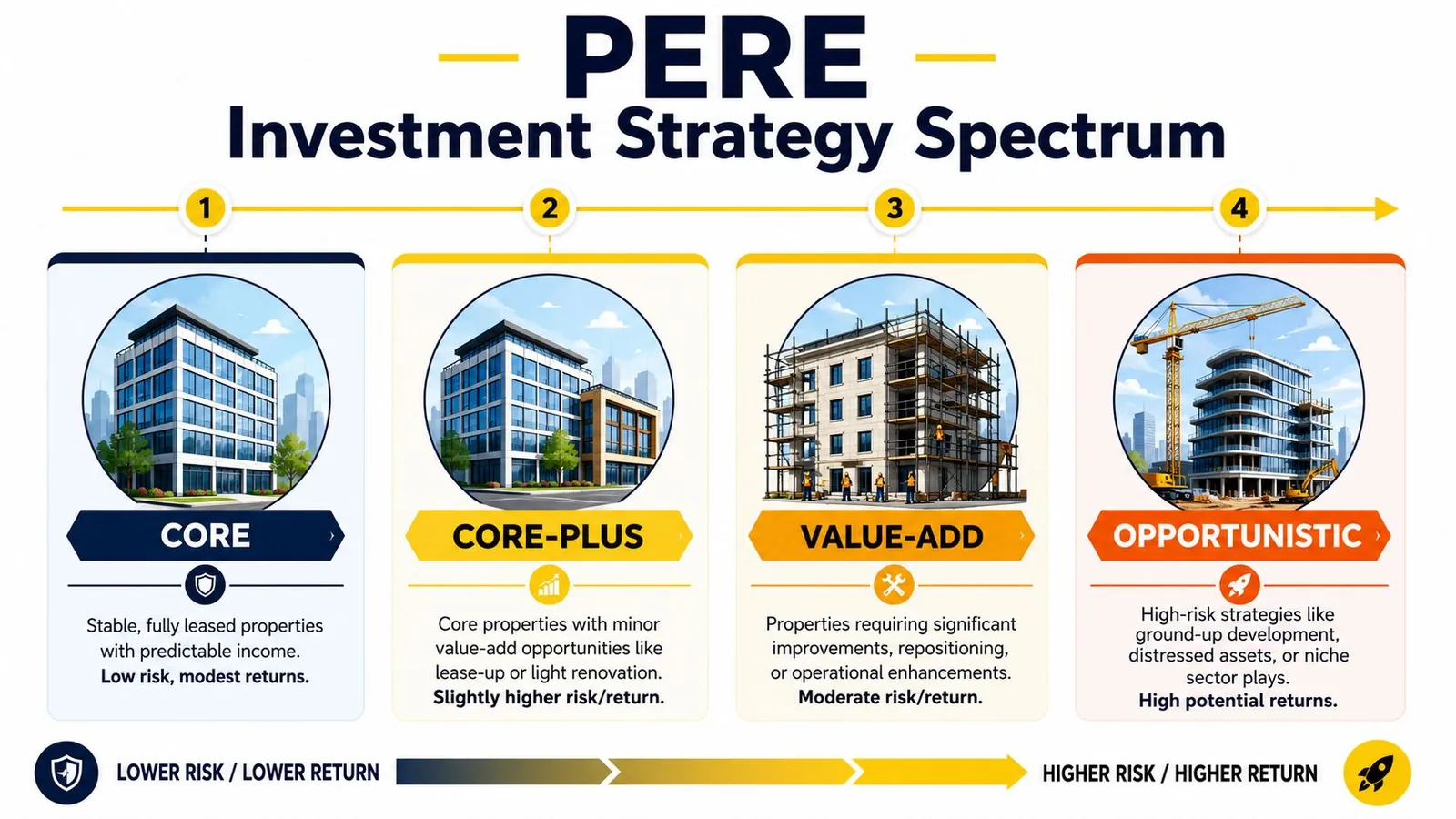 An infographic showing the four PERE real estate investment strategies ranging from core to opportunistic.