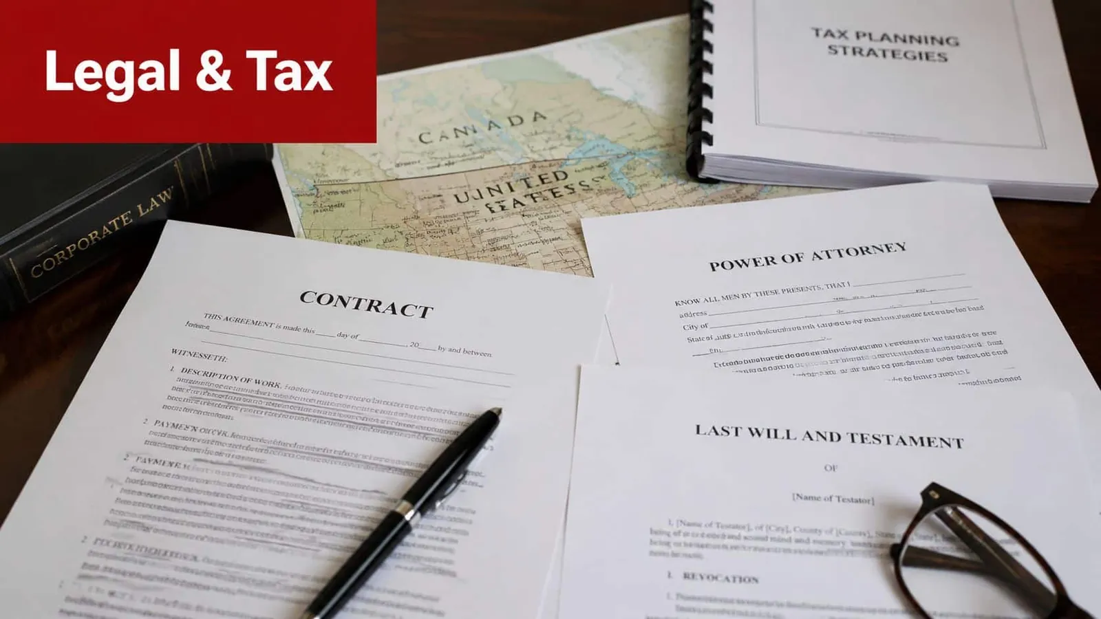 A professional desk workspace with legal documents, tax planning strategies, a map, and glasses for financial planning.
