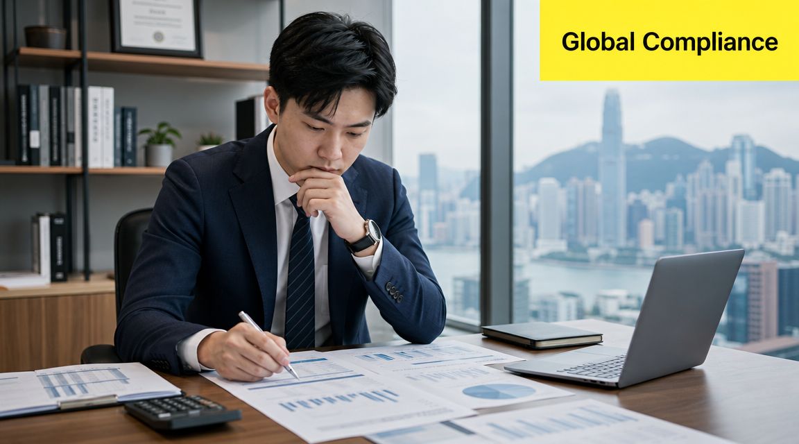 A professional man in a business suit reviewing financial compliance documents at his desk in an office.