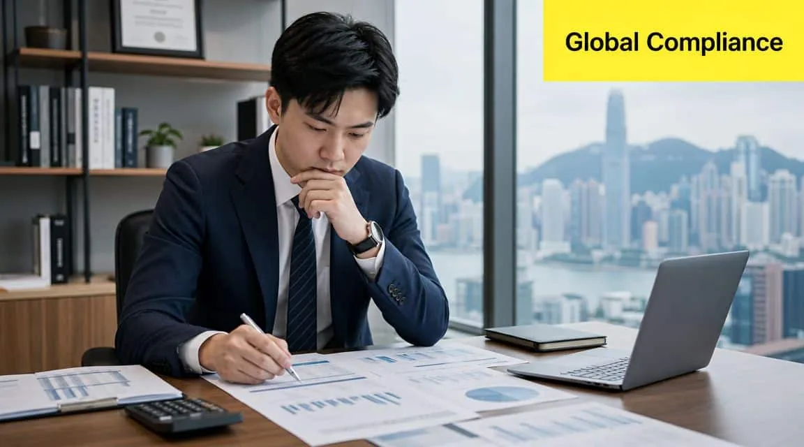 A professional man in a business suit reviewing financial compliance documents at his desk in an office.