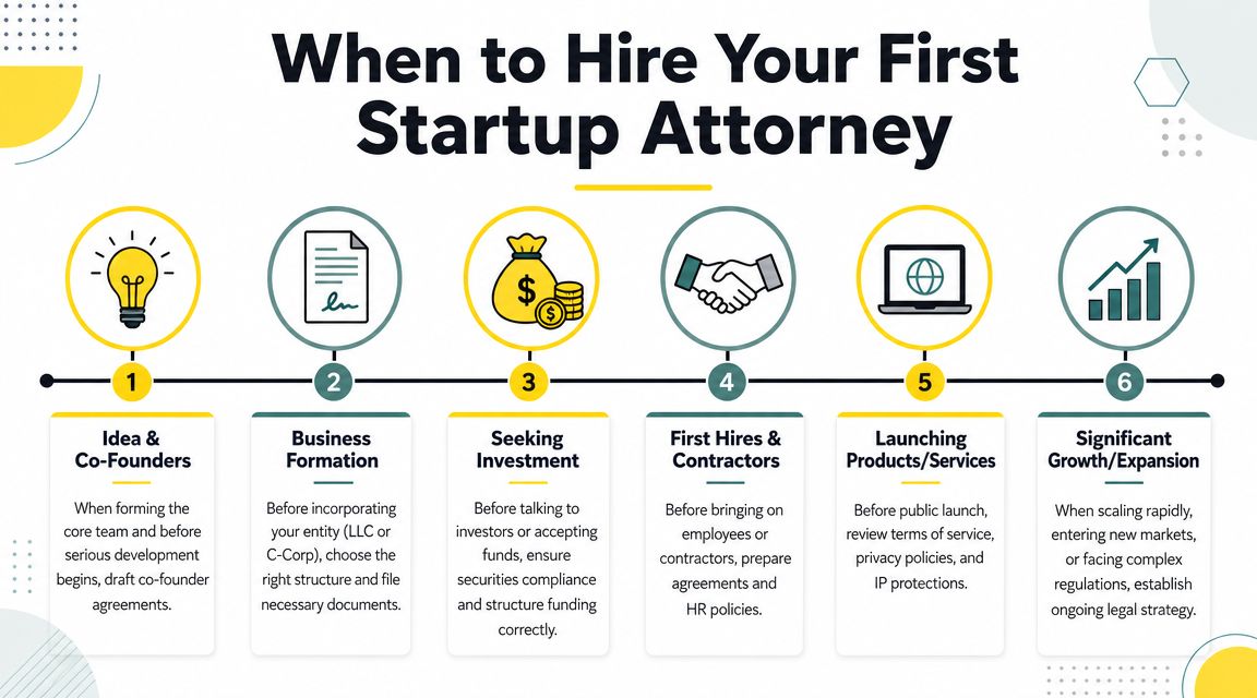 A timeline infographic detailing the six critical stages when a new startup should hire an attorney.