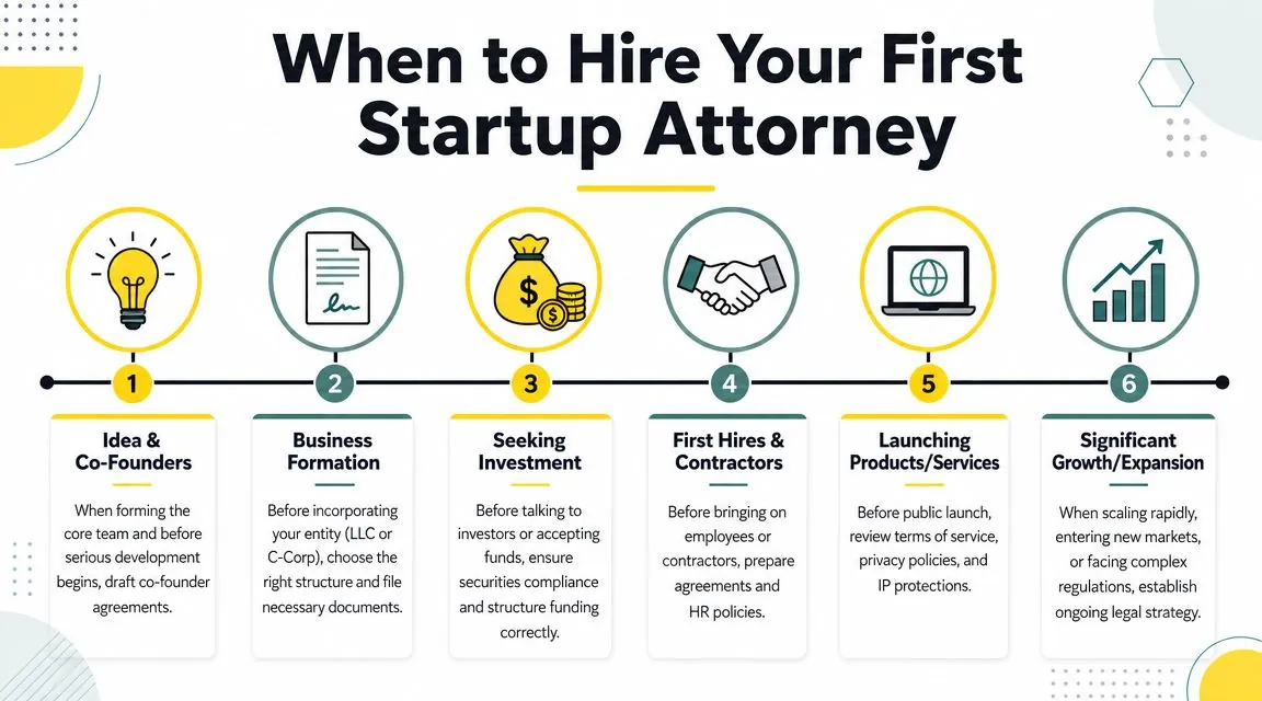 A timeline infographic detailing the six critical stages when a new startup should hire an attorney.