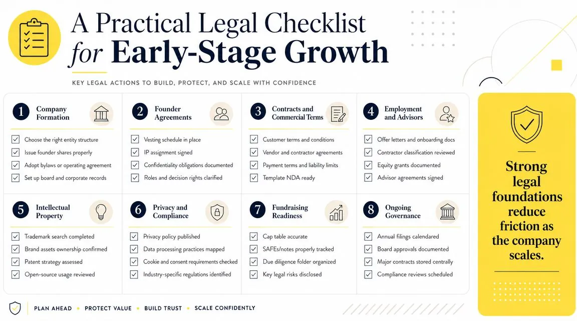 A structured legal checklist for early-stage startup growth covering formation, agreements, IP, compliance, and governance.