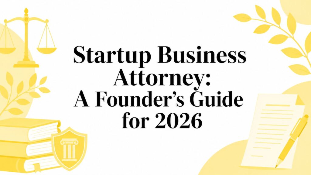 Title card for a startup business attorney guide for founders in 2026, with yellow legal imagery (scales, books, shield) and a pen on the right.