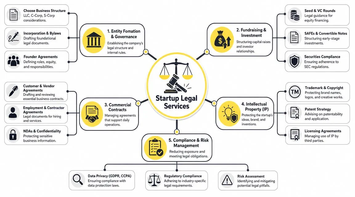 A mind map infographic outlining essential legal services for startup businesses, including governance, fundraising, and IP protection.