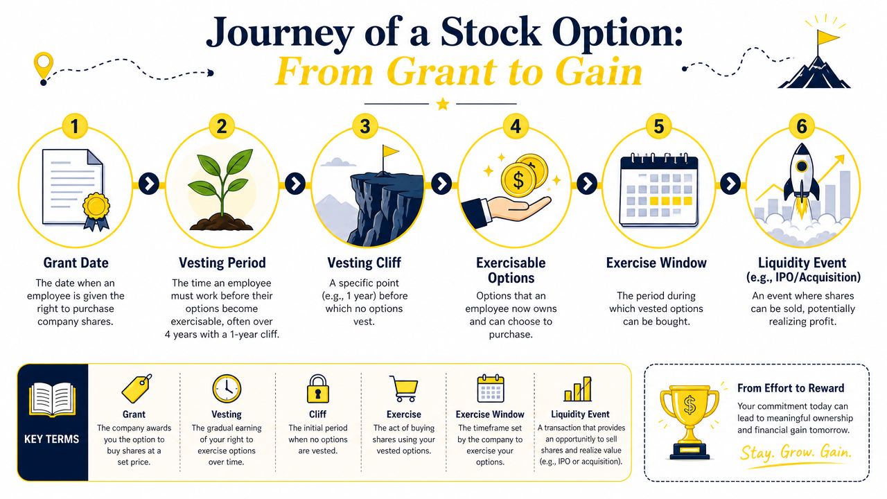 A visual guide explaining the six stages of a stock option journey from grant to liquidity event.