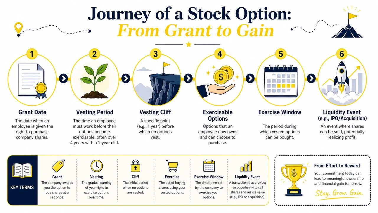 A visual guide explaining the six stages of a stock option journey from grant to liquidity event.