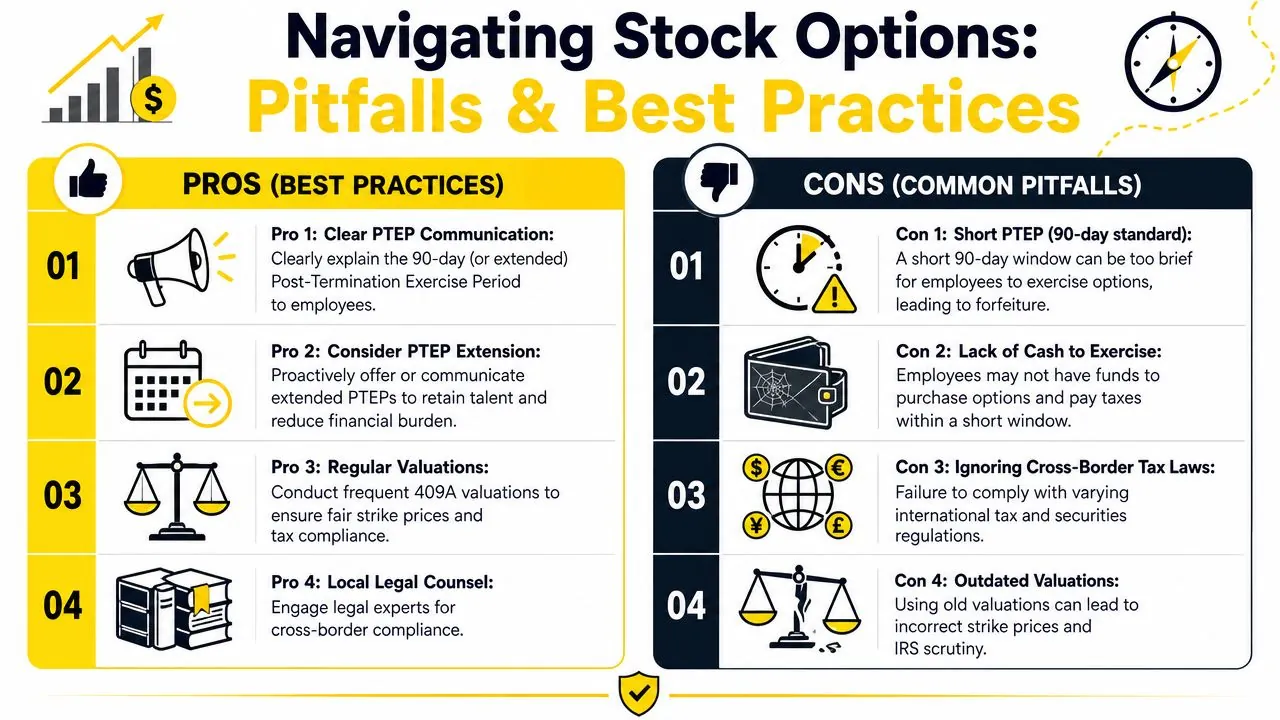 An infographic titled Navigating Stock Options outlining best practices and common pitfalls for startup employees.