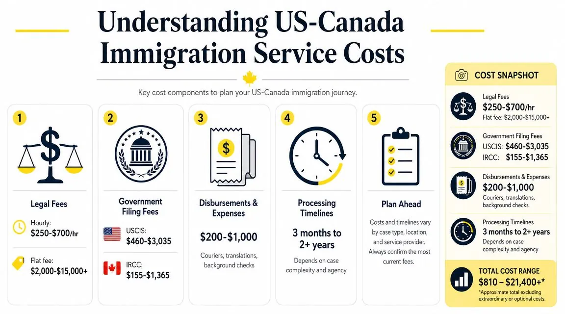 An infographic detailing various cost components and estimated timelines for the US-Canada immigration process.